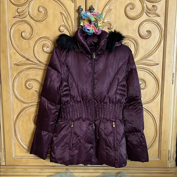 laundry By Shelli Segal Puffer Jacket with Faux Fur Deep Purple & Black - Picture 3 of 13